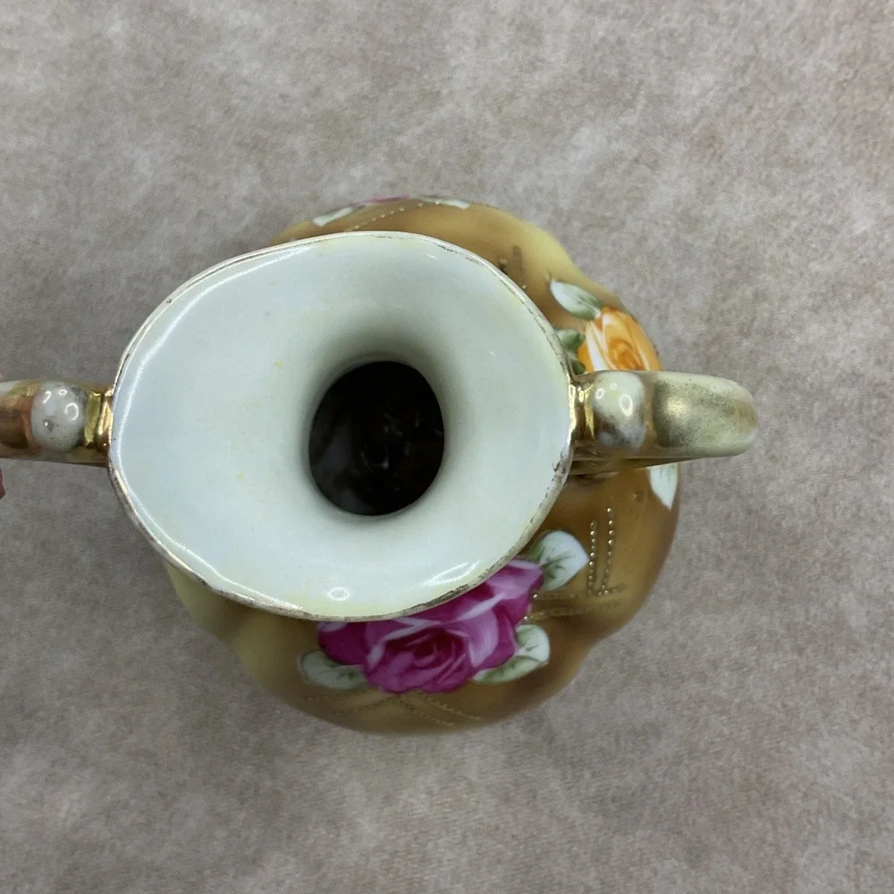 Antique Nippon Hand‎ Painted Bone China Beaded Gold Trim Two Handle Vase